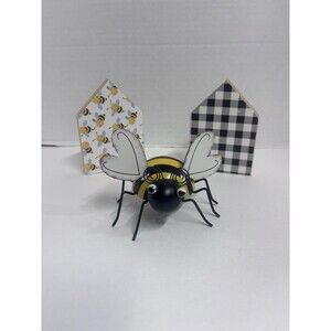3 Piece Bee Lot Metal Bee Heart Wings Wood Reversible Houses